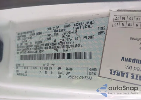 2007 Ford E-150 Commercial/Recreational z USA, uszkodzony, nr VIN 1FTNE14W97DB13895